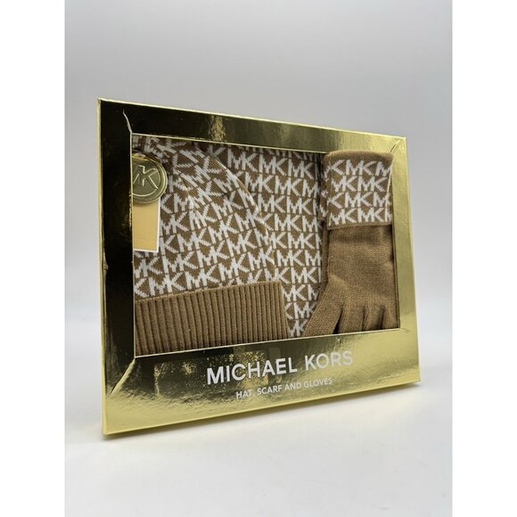MICHAEL KORS logo knit women's  scarf +beanie hat + gloves 3 Piece set TAN - Picture 4 of 8